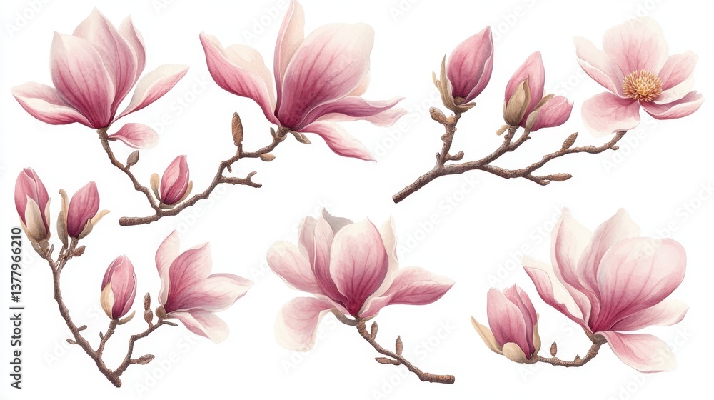 Elegant pink magnolia flowers and branches captured in a hand-drawn watercolor style, showcasing various angles in blooming splendor Elegant pink magnolia flowers and branches captured in a hand-drawn watercolor style, showcasing various angles in blooming splendor