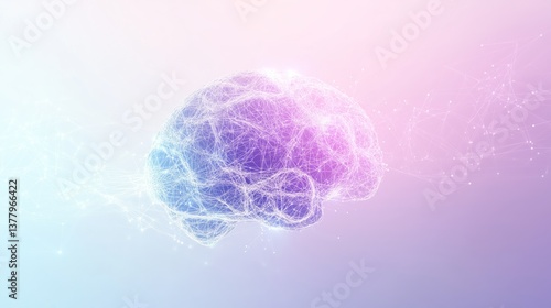Digital brain with neural connections with a gradient of soft purple and blue hues. 3