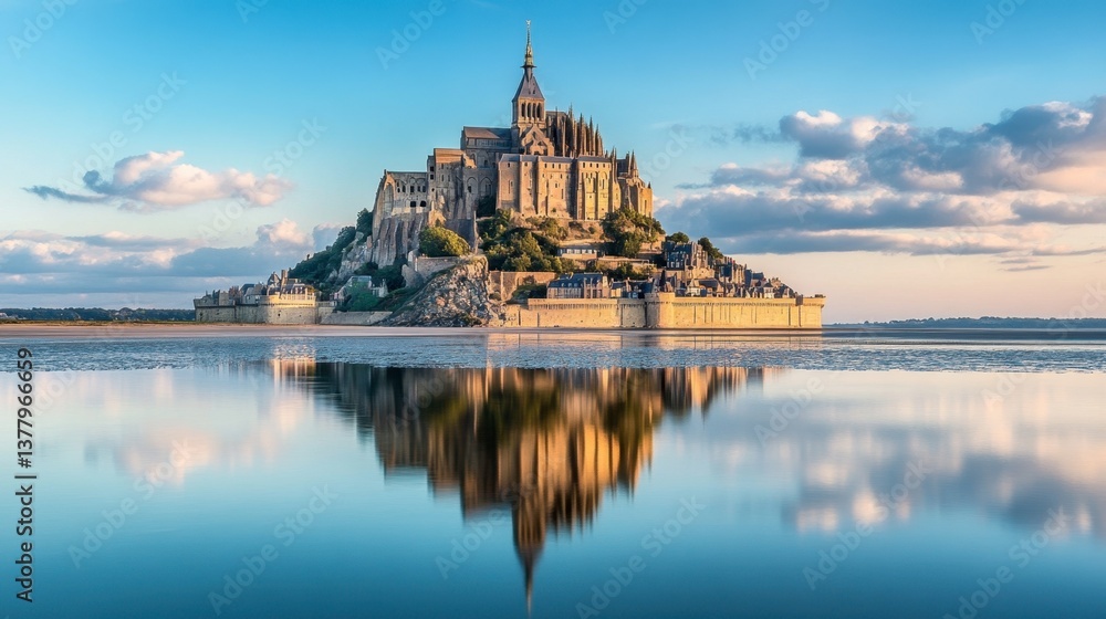 Naklejka premium The towering beauty of Mont Saint-Michel, France, rising above the tidal flats like a medieval fortress.
