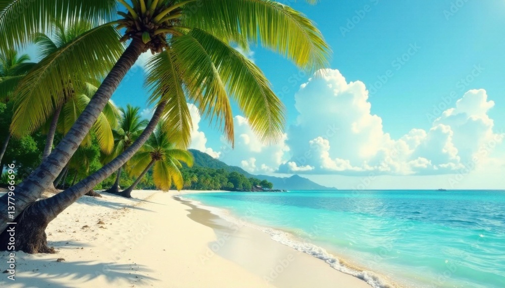Fototapeta premium A vintage postcard scene of a serene tropical beach with swaying palm trees and crystal clear waters , serene, crystal clear, sea