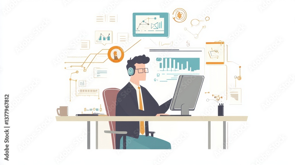 Virtual workspace where a digital assistant organizes tasks for an entrepreneur. Virtual workspace where a digital assistant organizes tasks for an entrepreneur.