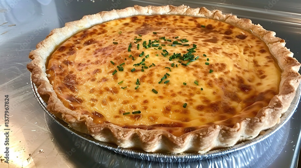 An inviting quiche Lorraine is attractively displayed. The quiche Lorraine has a golden - brown, flaky pastry crust that holds a rich and creamy filling An inviting quiche Lorraine is attractively displayed. The quiche Lorraine has a golden - brown, flaky pastry crust that holds a rich and creamy filling