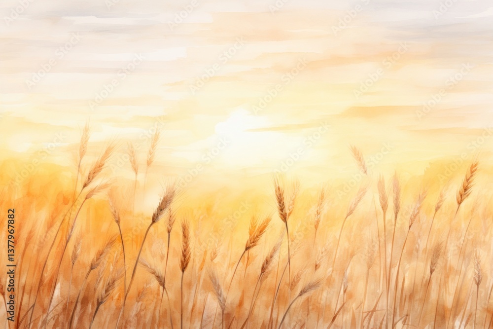 Fototapeta premium Wheat field watercolor background backgrounds outdoors painting.