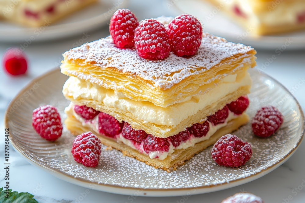Delicious Millefeuille Cake with Raspberries and Powdered Sugar Delicious Millefeuille Cake with Raspberries and Powdered Sugar
