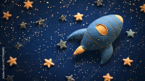 Felt Rocket Ship Soaring Through a Starry Night Sky