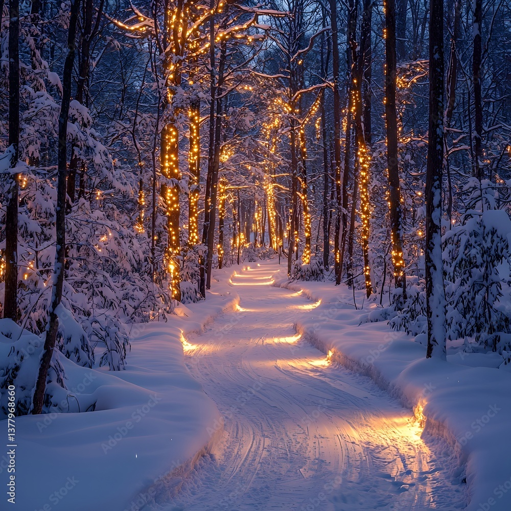 A snowy path leading through a glowing frost covered forest A snowy path leading through a glowing frost covered forest