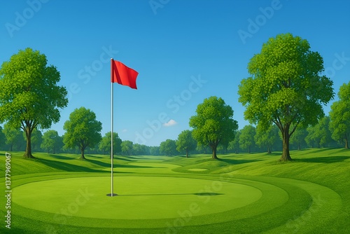 Sunny golf course fairway with red flag, tournament sports background