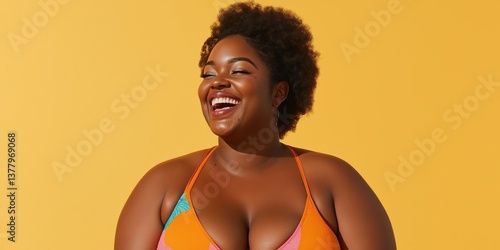 A woman with a big bust is smiling and wearing a colorful bikini. Concept of confidence and happiness