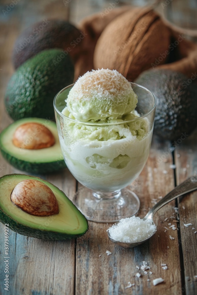 Avocado ice cream dessert on rustic wooden table with nuts and coconut Avocado ice cream dessert on rustic wooden table with nuts and coconut