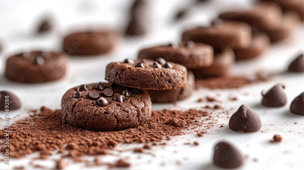 Small round chocolate cookies with chocolate chips levitating in a diagonal line on white, sprinkled with cocoa powder for a tempting look. Small round chocolate cookies with chocolate chips levitating in a diagonal line on white, sprinkled with cocoa powder for a tempting look.