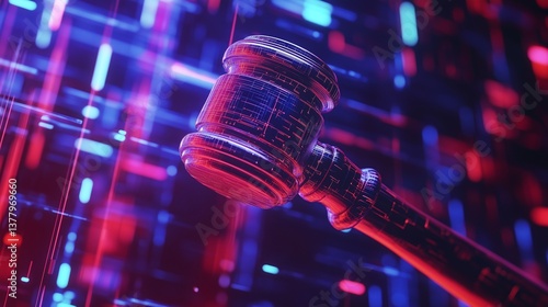 Digital circuit gavel symbolizing technological legal landscape, merging judicial process with ai, cybersecurity, and online adjudication