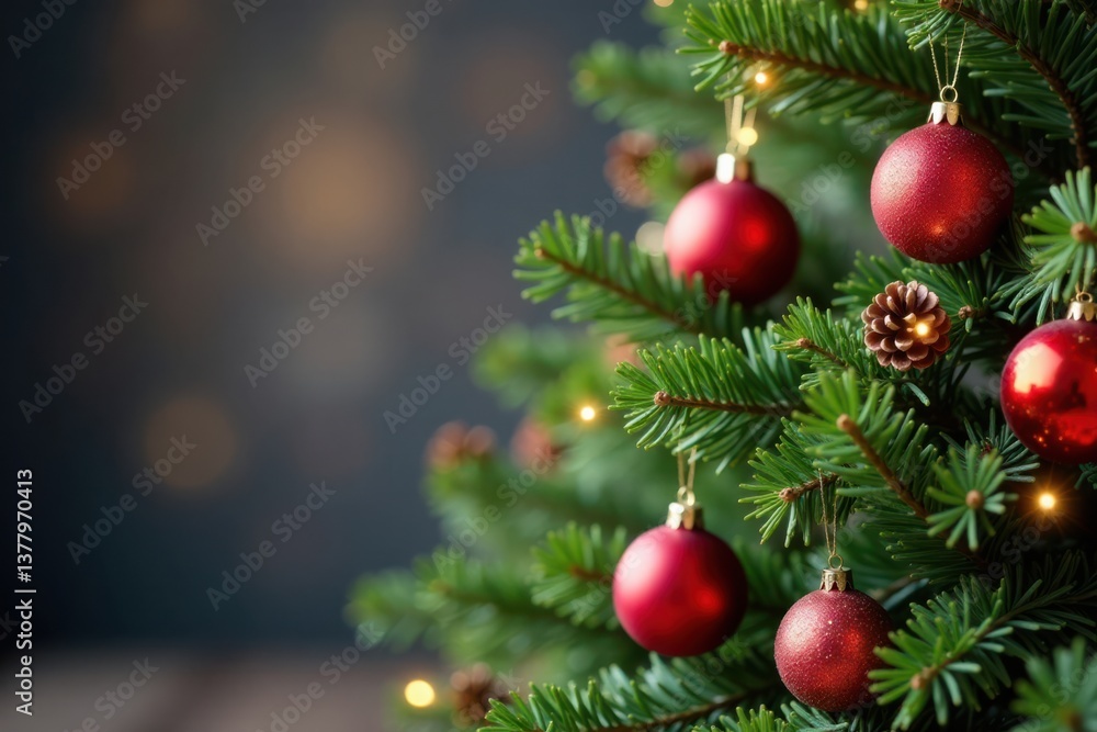 Decorated tree branch with ornaments, garlands, and pinecones, branches, festive Decorated tree branch with ornaments, garlands, and pinecones, branches, festive
