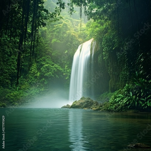 Serene tropical waterfall cascading among lush greenery in misty jungle scene