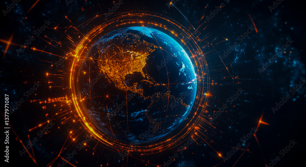 Fototapeta premium A three-dimensional visualization of the Earth surrounded by arrows, representing global connectivity, international trade networks, and global communication flows.