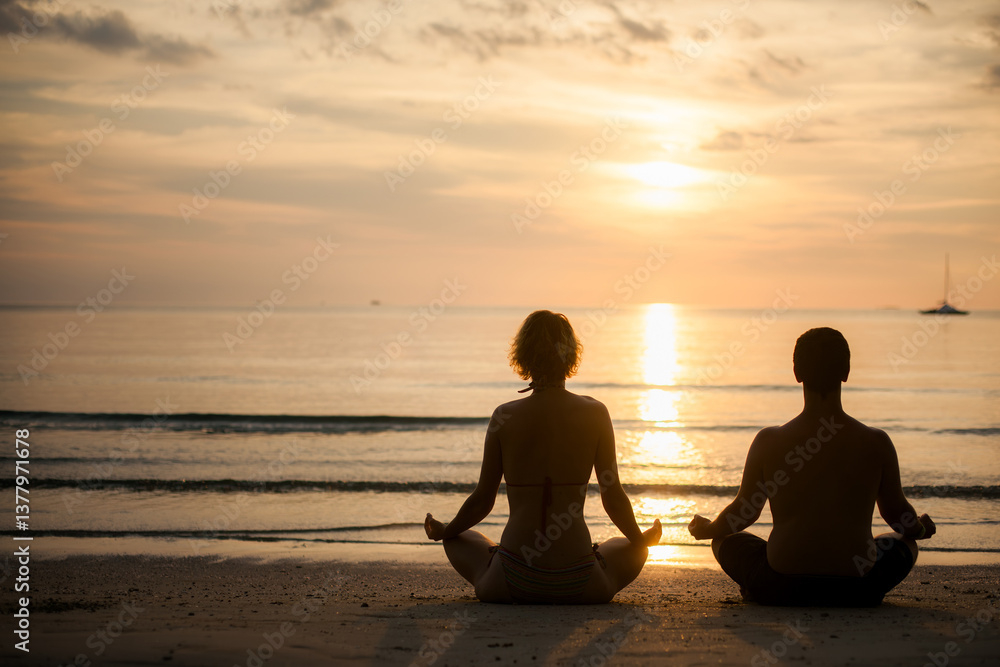 The silhouette of a couple sitting in a lotus yoga pose on the beach against the backdrop of the setting sun.