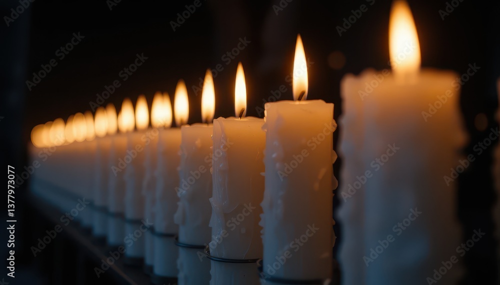 Many lit white candles burning brightly in a row a peaceful and calming scene of remembrance Many lit white candles burning brightly in a row a peaceful and calming scene of remembrance