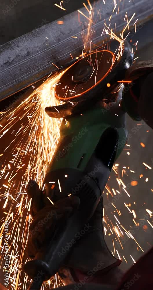 Steel worker grinding a metal construction with grinder in the factory, close up slow motion