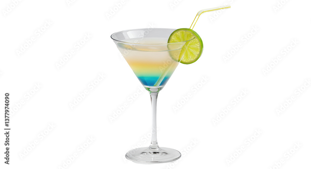 Isolated Colorful Layered Cocktail with Lime Slice and Straw Isolated Colorful Layered Cocktail with Lime Slice and Straw