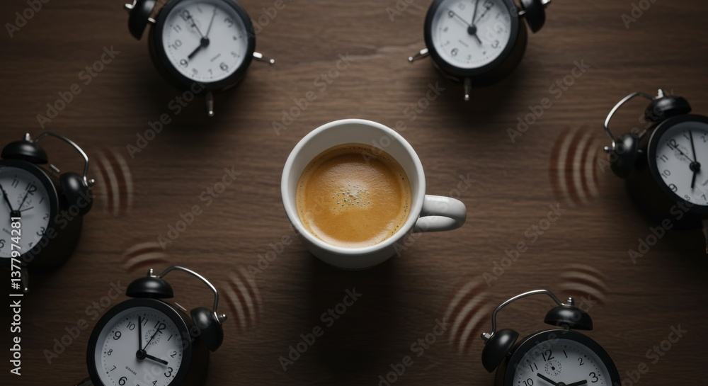 Coffee surrounded by alarm clocks signaling the morning routine Coffee surrounded by alarm clocks signaling the morning routine