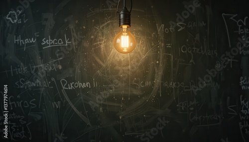 Glowing Vintage Light Bulb Hanging Against a Blackboard with Chalk Writing Ideas and Inspiration Concept