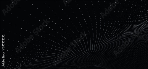 Futuristic dot wave. Abstract digital particle wave. Black and white music wave. Dark background. Digital background with smooth wavy curves. 3D vector illustration