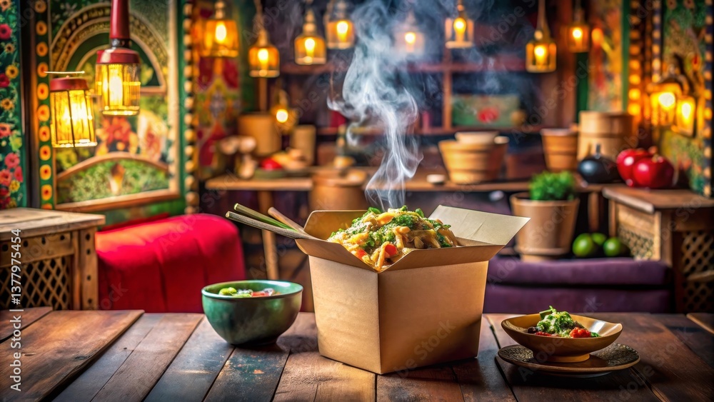 Aromatic Steaming Noodles in a Takeout Container on Rustic Wooden Table with Garnish Bowls Aromatic Steaming Noodles in a Takeout Container on Rustic Wooden Table with Garnish Bowls