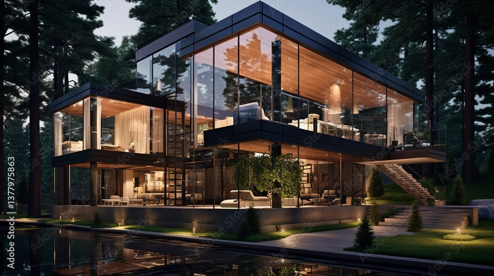 Obraz premium A photo of a sleek triple-story glass house.