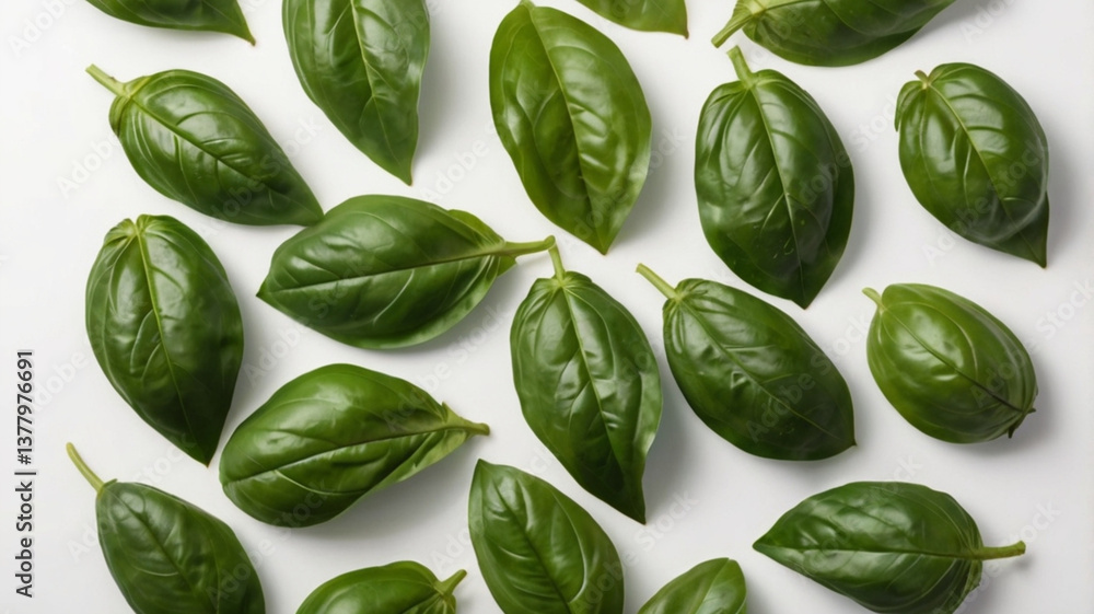 Fresh basil leaves isolated on white background. Top view Fresh basil leaves isolated on white background. Top view