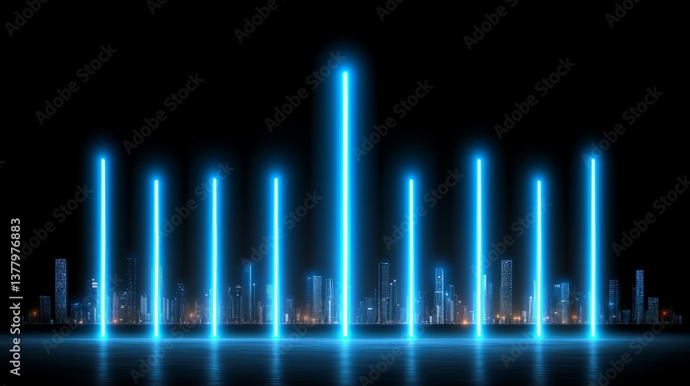 Fototapeta premium Futuristic Cityscape at Night with Bright Neon Blue Lights Abstract Background Image