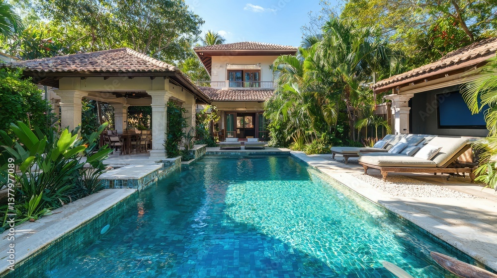 Fototapeta premium A luxury villa with a resort-style pool, lush tropical gardens, and an outdoor cinema area beside the pool.