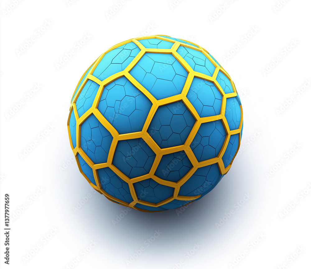 Naklejka premium High-resolution vector illustration of a blue sphere with yellow hexagons in a symmetrical, bright, and detailed 3D render, perfect for modern design and digital projects.