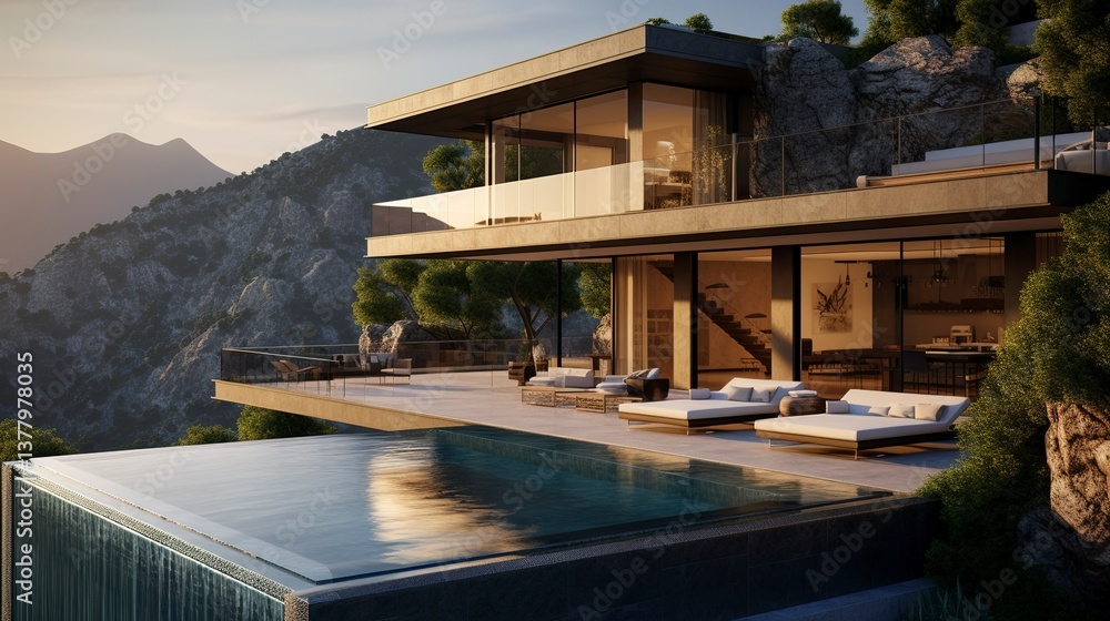 Fototapeta premium A photo of a sleek triple-story villa on a mountainside.