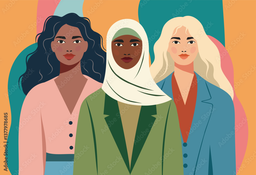 Vector bright illustration of three women with different skin color and ethnicity standing together, radiating strength and unity. Cultural diversity and empowerment, gender equality Vector bright illustration of three women with different skin color and ethnicity standing together, radiating strength and unity. Cultural diversity and empowerment, gender equality
