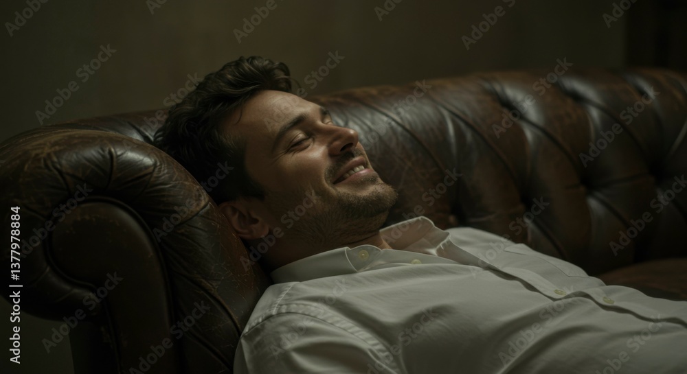 Relaxed man resting on leather couch Relaxed man resting on leather couch
