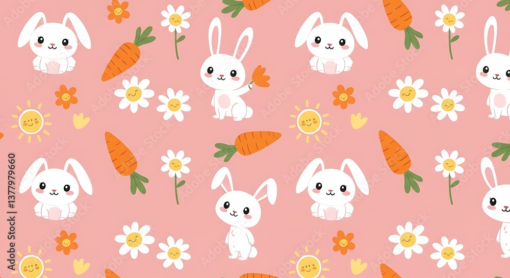 Fototapeta premium Adorable Bunny Pattern Pastel Pink Springtime Design AI Generated