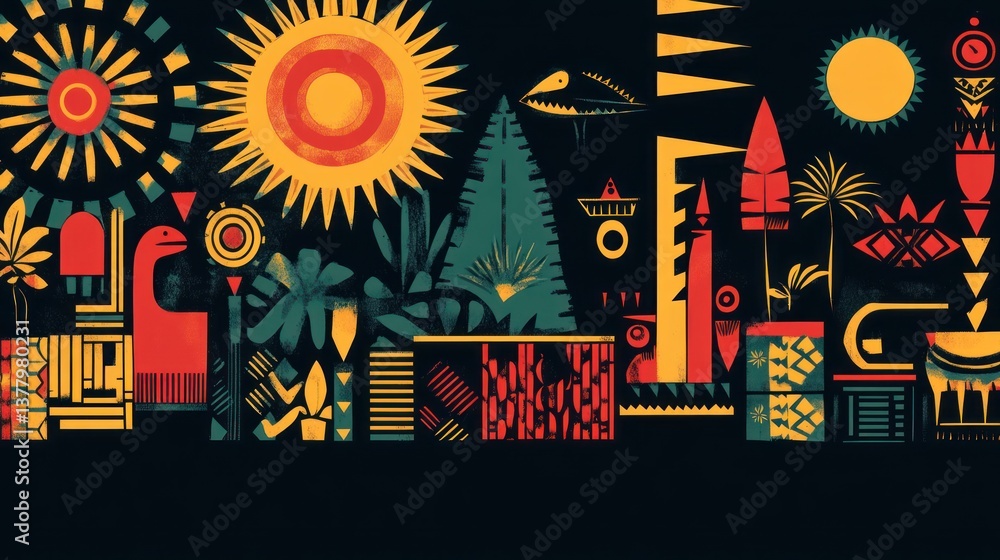 Obraz premium Abstract geometric art with sun, plants, and stylized animals on dark background.