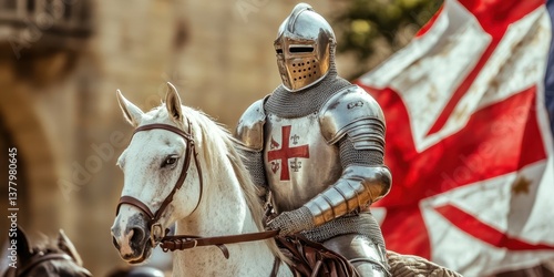 St. George's Day Medieval knight in armor on white horse with flag in historical reenactment