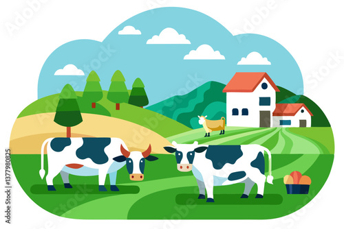 Cheerful Countryside with Cows, Farmhouses, and Rolling Green Hills, Under a Bright Sky in a Style