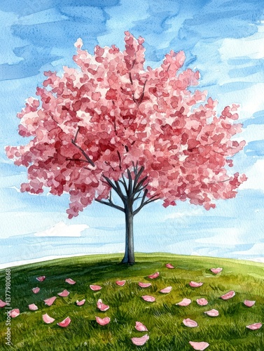 Blossoming cherry tree in bloom spring landscape watercolor art tranquil environment scenic viewpoint nature's beauty