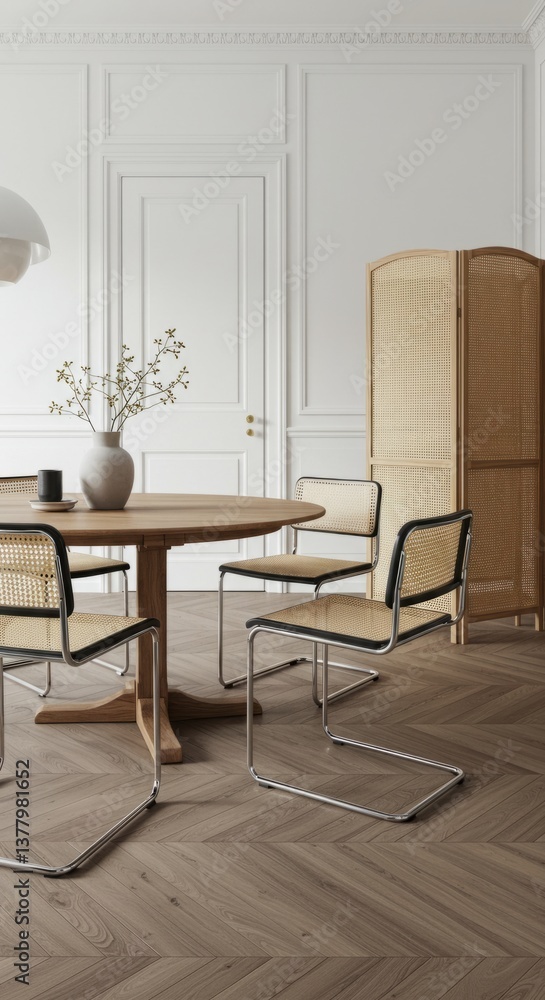Fototapeta premium Minimalist Dining Room with Mixed Chairs