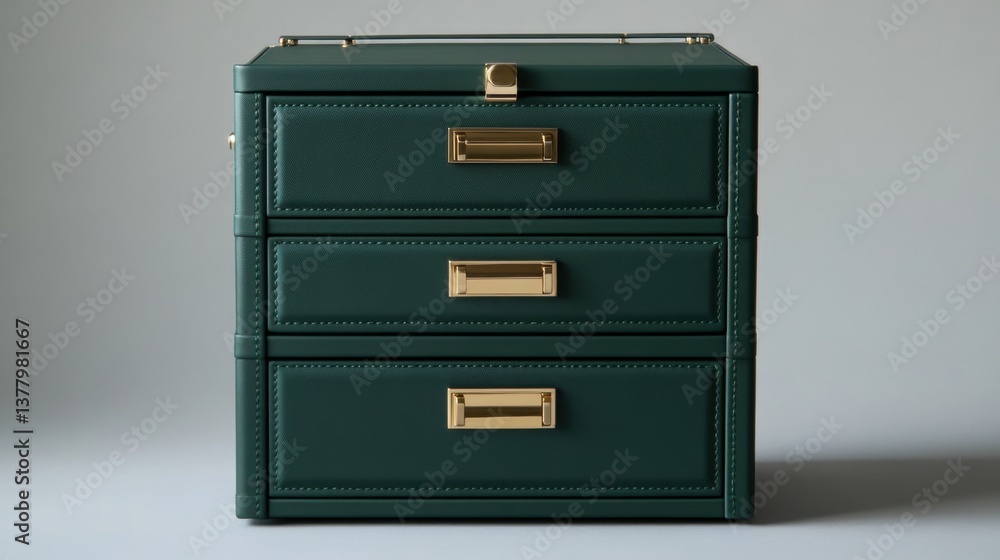 A deep forest green vanity case with a structured silhouette, placed on a cool-toned gray background. A deep forest green vanity case with a structured silhouette, placed on a cool-toned gray background.