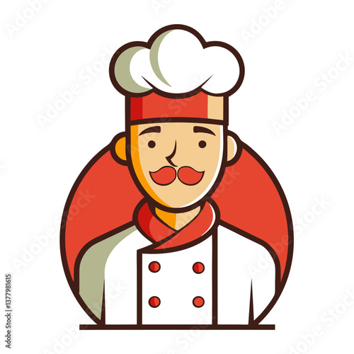 Chef Mascot Flat Design Chef Wearing Traditional Hat, Uniform, and Red Neckerchief with Mustache