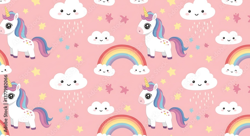 Fototapeta premium Adorable Unicorns Rainbow Dreams Pastel Pink Pattern AI Generated