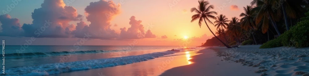 Palm tree lined beach at dusk with gentle waves, tropical, sunset