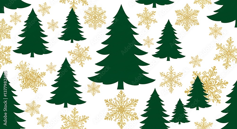 Obraz premium Winter Wonderland Green Trees Gold Snowflakes Festive Pattern AI Generated