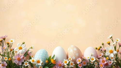 Easter eggs with wooden christian cross and spring flowers creating festive border on beige backgrou