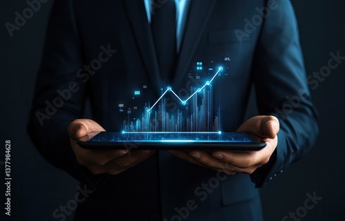 Businessman holding a tablet with a growing graph projection
