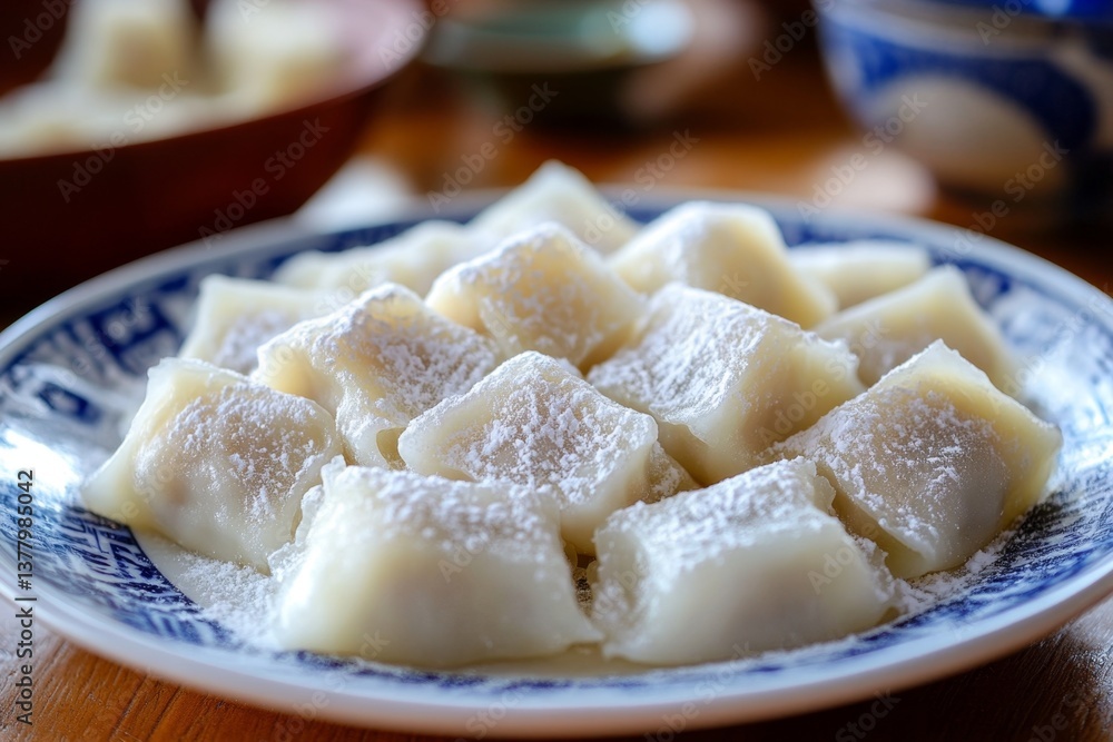 Sweet dumplings, dusted with sugar, on plate, with preparation in background Sweet dumplings, dusted with sugar, on plate, with preparation in background