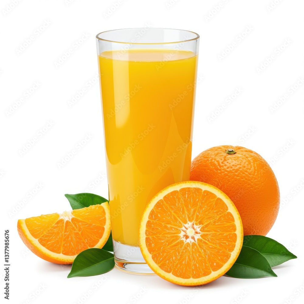 A glass of orange juice with oranges and leaves on a white background in a studio shot A glass of orange juice with oranges and leaves on a white background in a studio shot