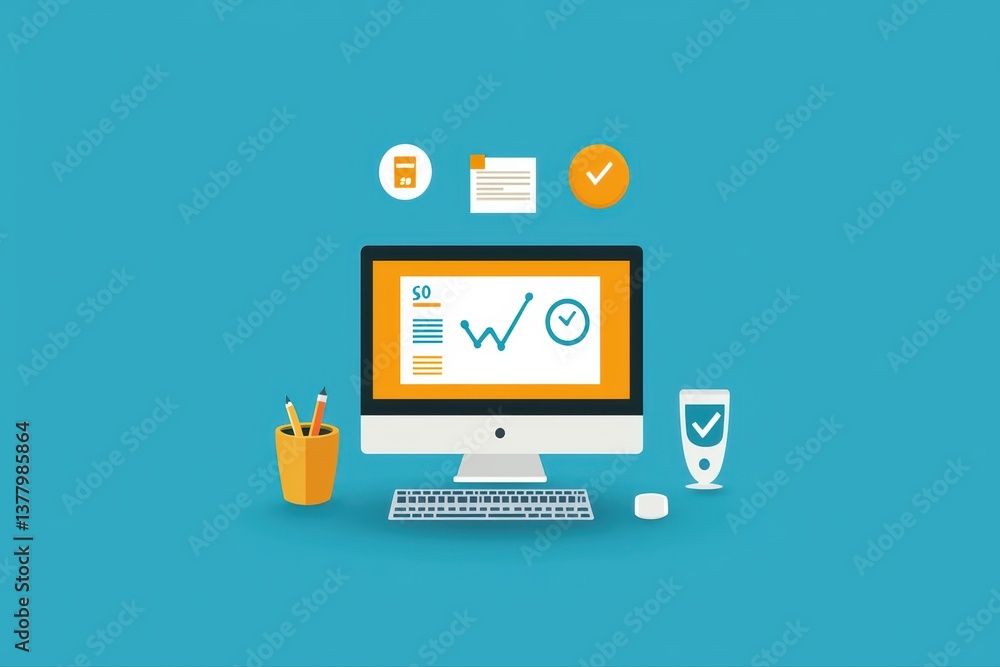 Computer screen with analytics and productivity icons Computer screen with analytics and productivity icons